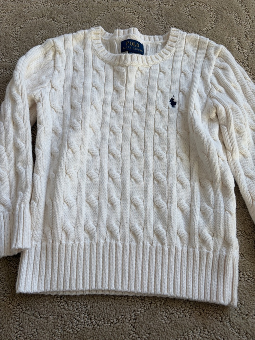 Polo by Ralph Lauren Cream Cable-Knit Crew Sweater with Navy Pony